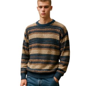 Vtg 3d Cosby Cotton Crewneck Textured Patterned Stripes Brown Neutral Sz L